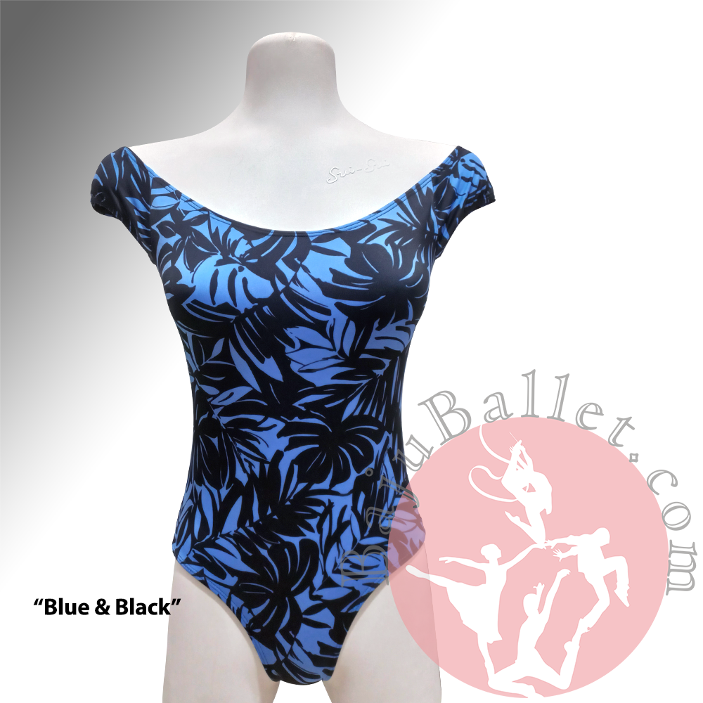 Leotard-Off-Shoulder-Print-Blue-&-Black-Front-Mannequin