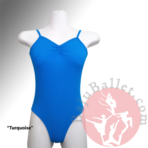 Leotard-Cami-Ruched-Front-Turquoise-Front-Mannequin